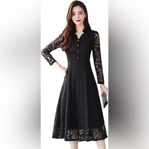 SHIRANFUSHI Black Long Sleeve Lace Midi Dress